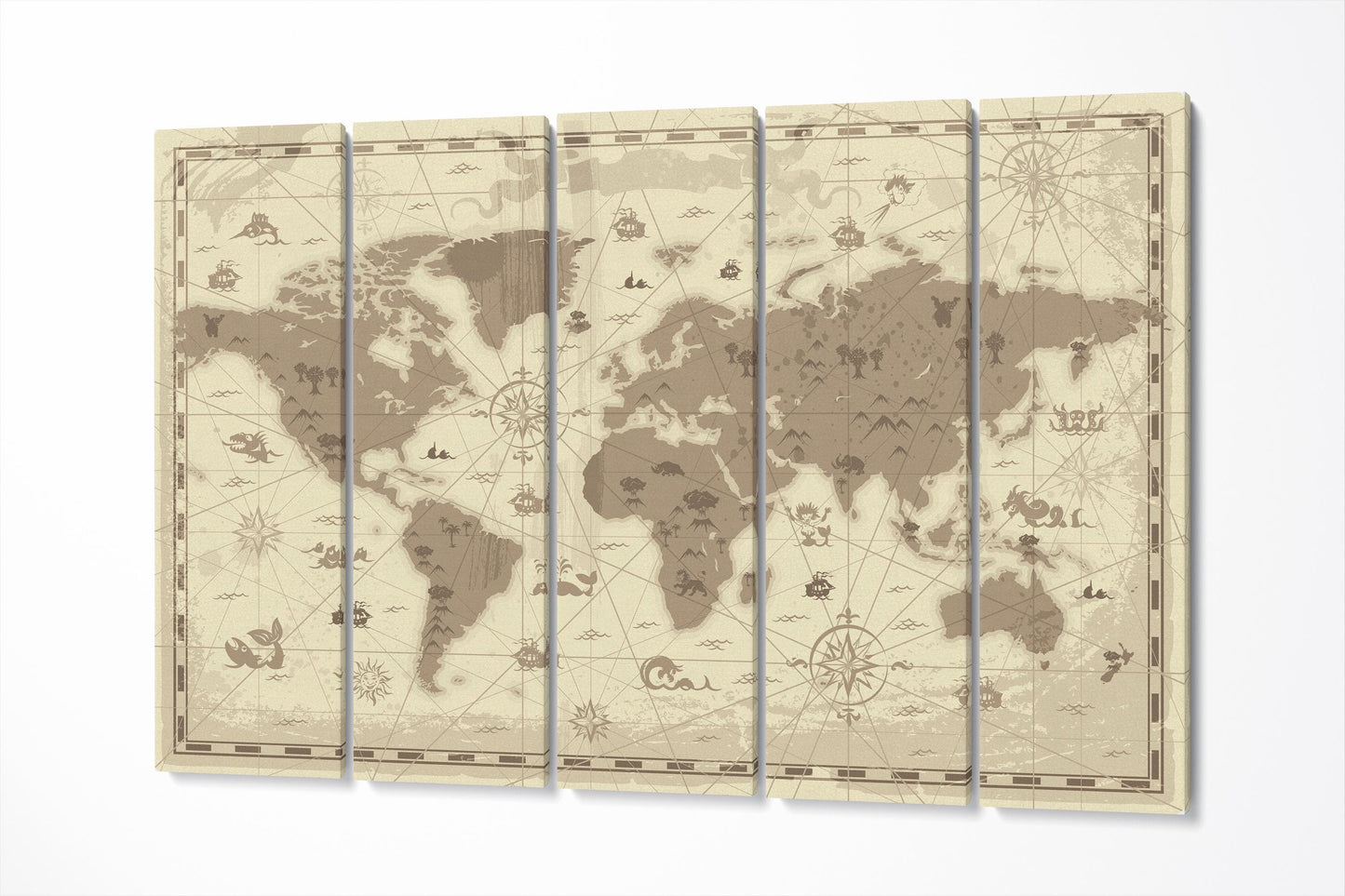 Fantasy World Map Sea Monsters Kids Room Wall Art Pirate Nursery Print on Eco-Leather 5 Panels