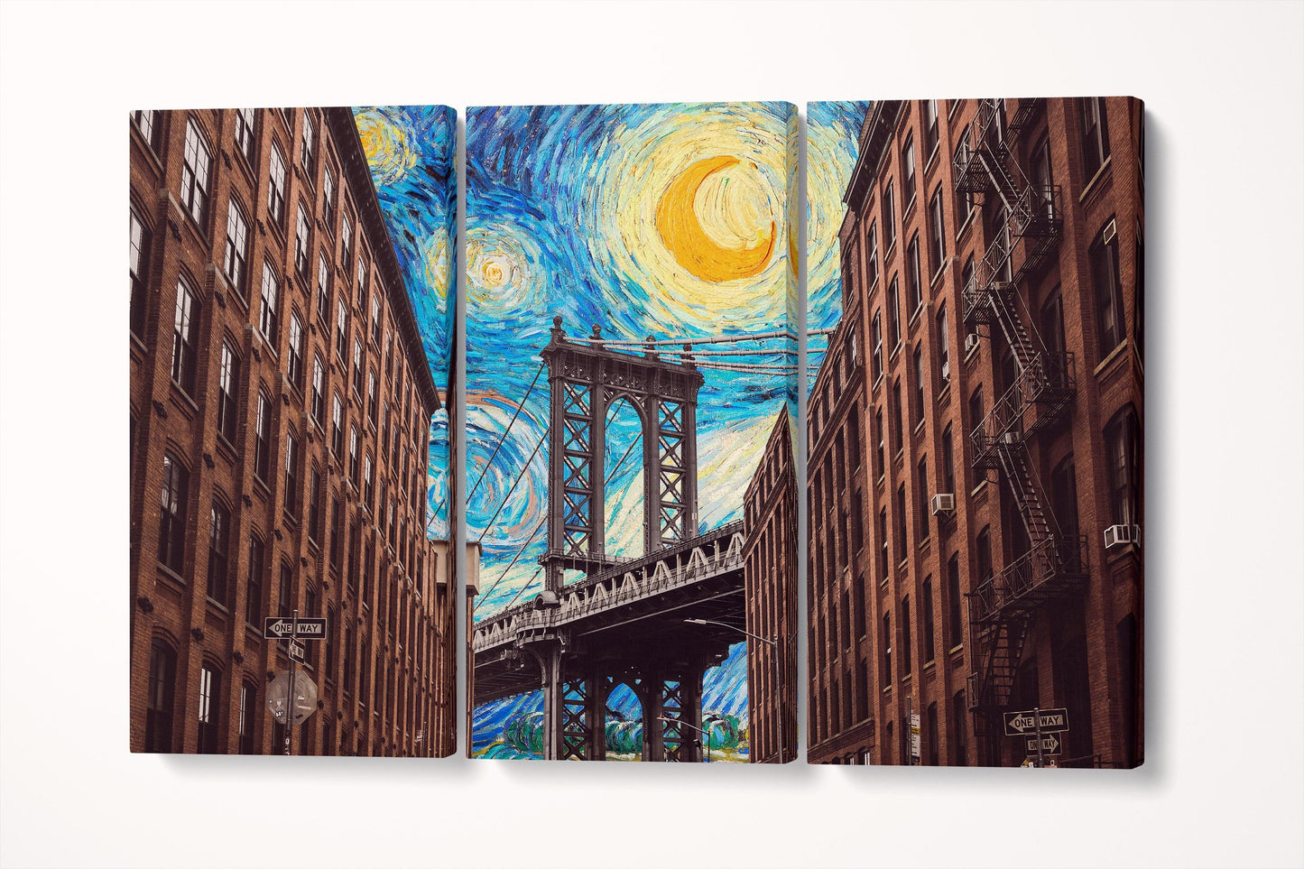 DUMBO Brooklyn Wall Art Manhattan Bridge Starry Sky Print on PETA Approved Eco Leather Triptych 3D
