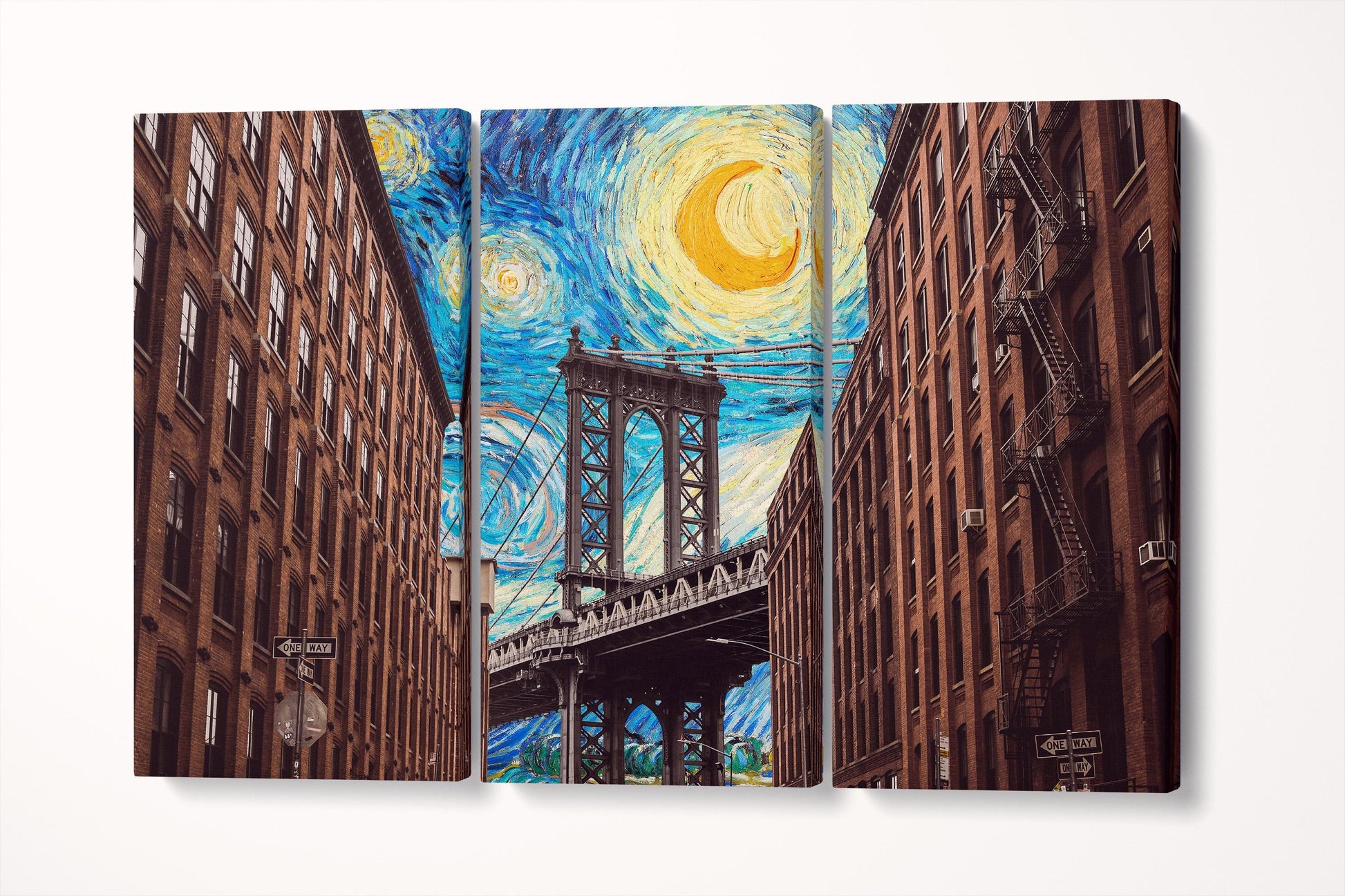 DUMBO Brooklyn Wall Art Manhattan Bridge Starry Sky Print on PETA Approved Eco Leather Triptych 3D