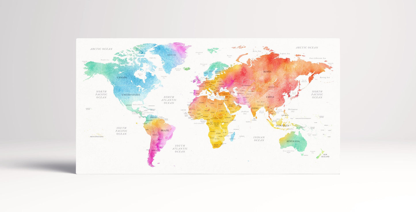 Detailed Push Pin World Map PETA Approved Eco Leather Canvas Wall Art Single