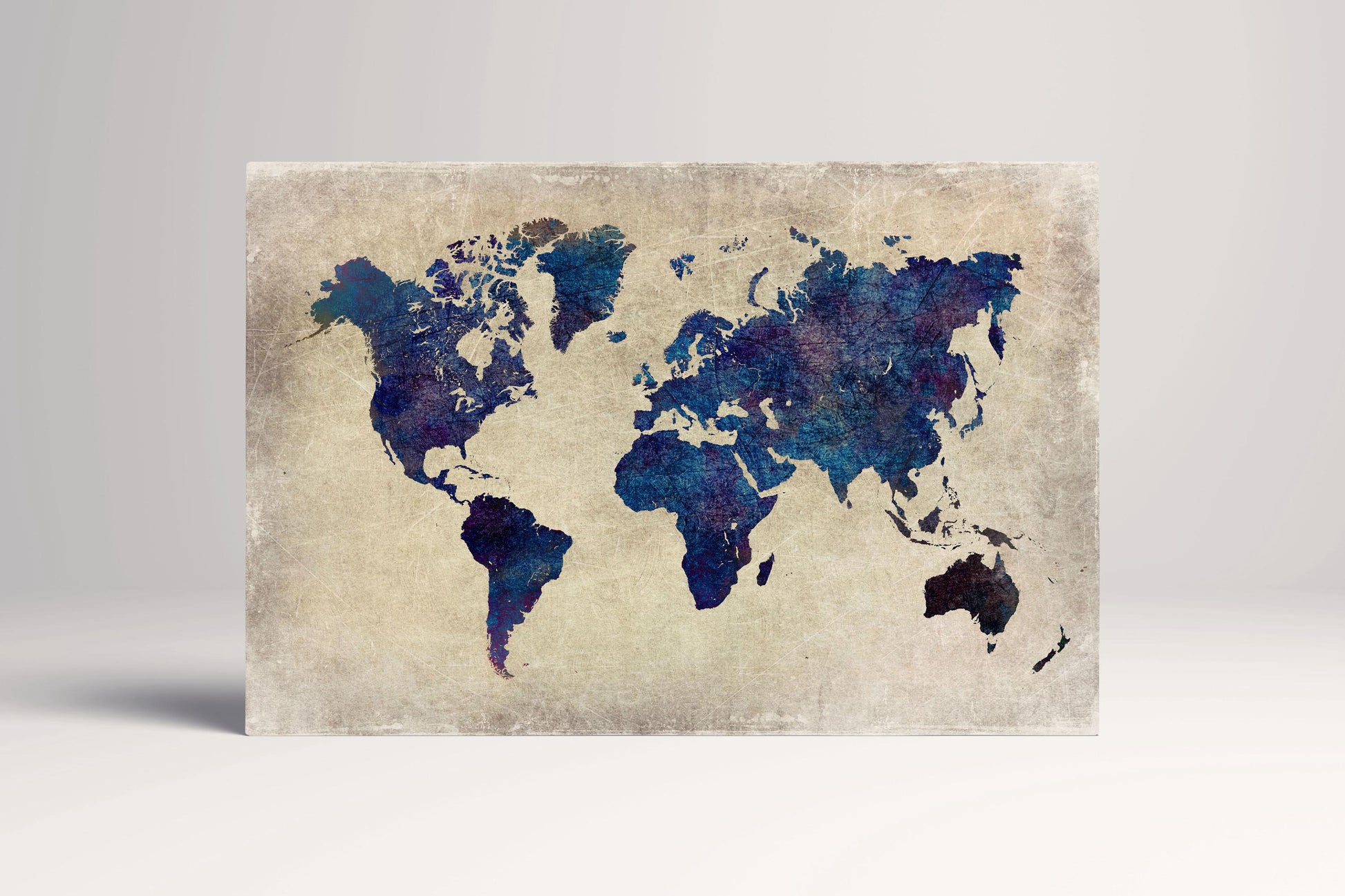 Blue Grunge World Map PETA Approved Faux Leather Canvas Wall Art Single
