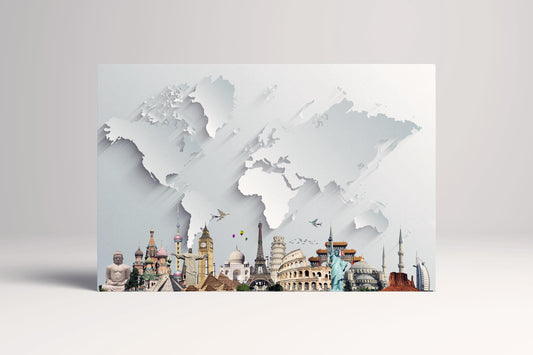 Silver World Map with Monuments: 3D Vegan Leather Print Single