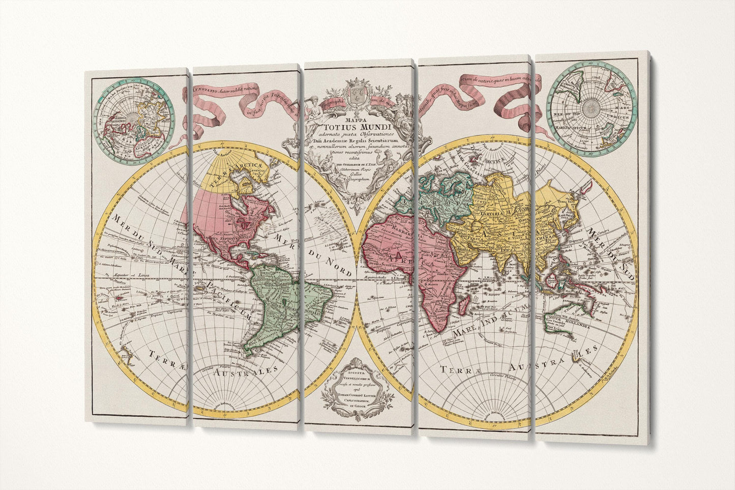 Antique World Map Mappa Totius Mundi 18th Century Eco Leather Wall Art 5 Panels 3D