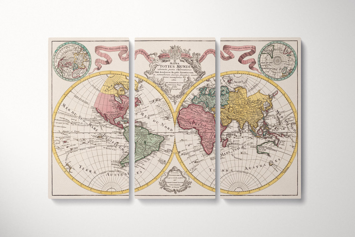 Antique World Map Mappa Totius Mundi 18th Century Eco Leather Wall Art 3 Panels