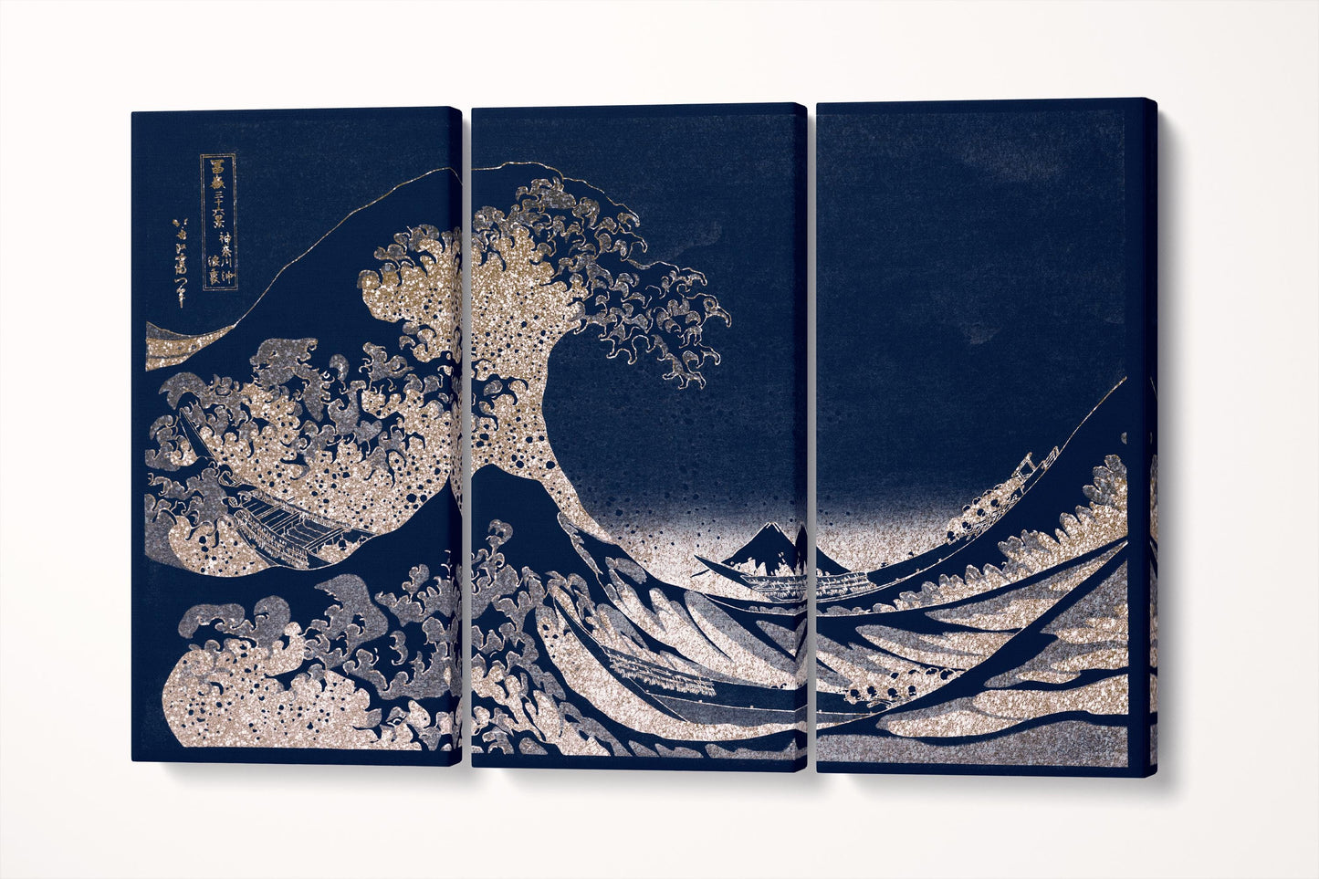 Great Wave Deep Navy and Ivory Canvas Wall Art Single Tryptich 3D