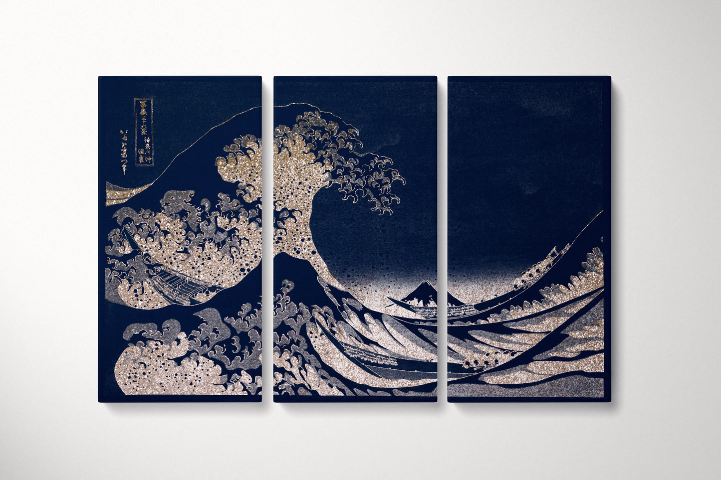 Great Wave Deep Navy and Ivory Canvas Wall Art Single Tryptich