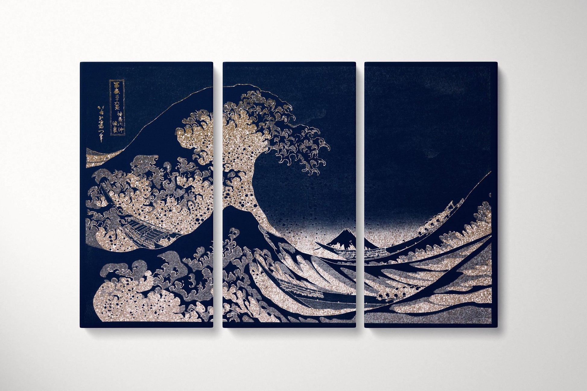Great Wave Deep Navy and Ivory Canvas Wall Art Single Tryptich