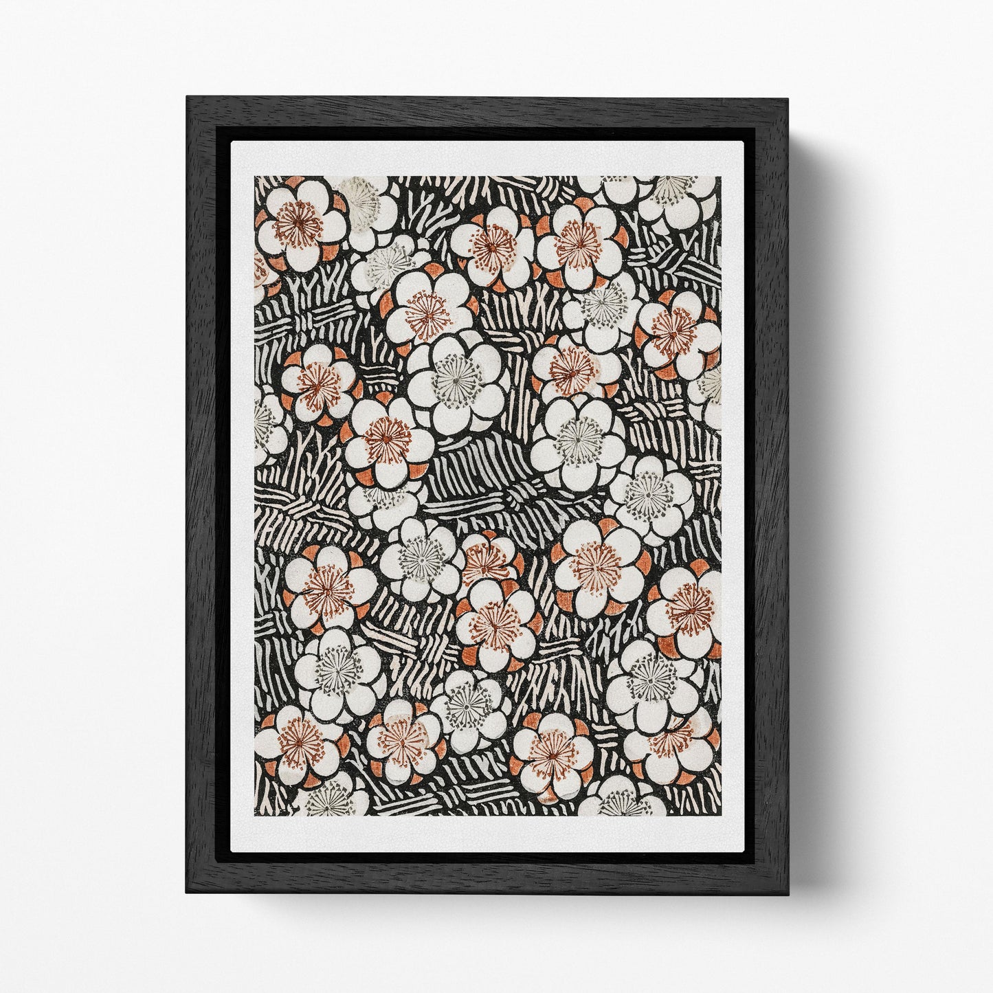 Watanabe Seitei Inspired Japanese Plum Blossom Eco Leather Wall Art Black Floating Frame