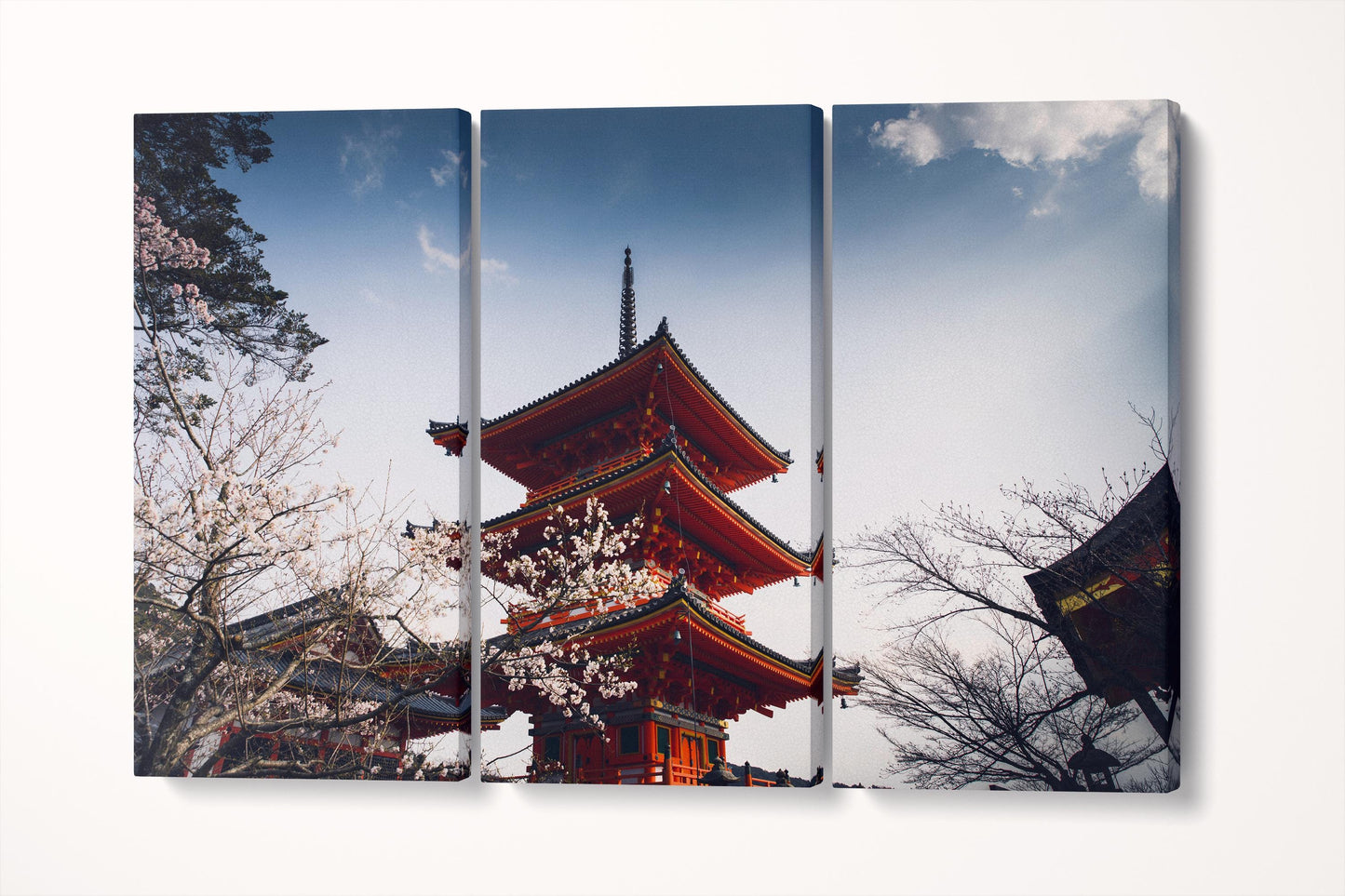 Chureito Pagoda Fujiyoshida Print, Japanese Sakura Wall Art on PETA Approved Eco Leather Triptych 3D