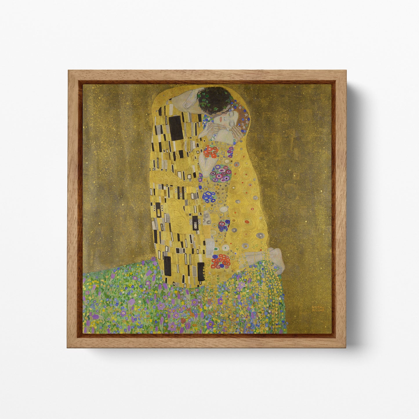 Gustav Klimt – Der Kuss – Hochdetaillierte gerahmte Leinwand-Lederdruck-Kunstreproduktion