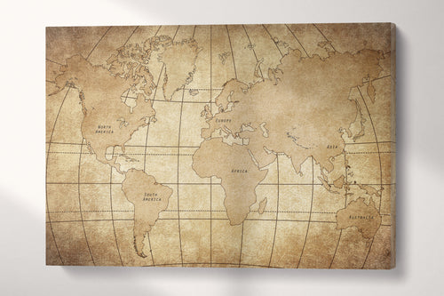 Vintage World Map with Continents Canvas Wall Art Eco Leather Print