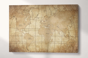 Vintage World Map with Continents Canvas Wall Art Eco Leather Print