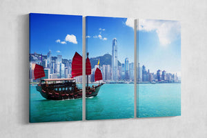 Hong Kong Harbour and Junk Boat Framed Canvas Leather Print 3 panels