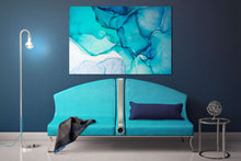 Load image into Gallery viewer, Light blue shades marble pattern framed canvas leather print | Large wall art | Large wall decor | Made in Italy | Luxury home decor