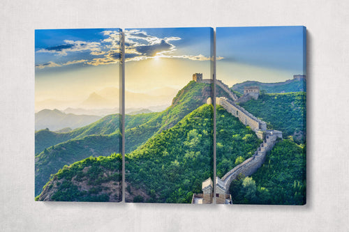 3-teiliger gerahmter Leinwand-Lederdruck „Die Chinesische Mauer“.