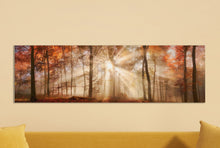Load image into Gallery viewer, Rays of sunlight in a misty autumn forest framed canvas leather print/Large wall art/Autumn forest print/Made in Italy/Better than canvas!