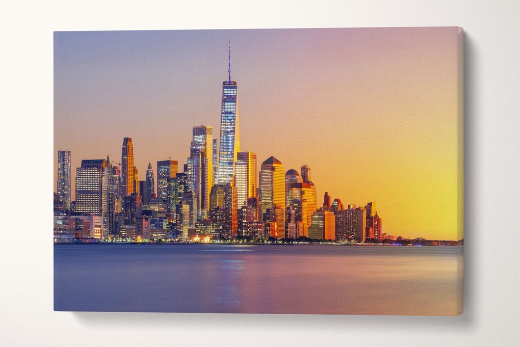 Lower Manhattan at Sunset Framed Canvas Leather Print