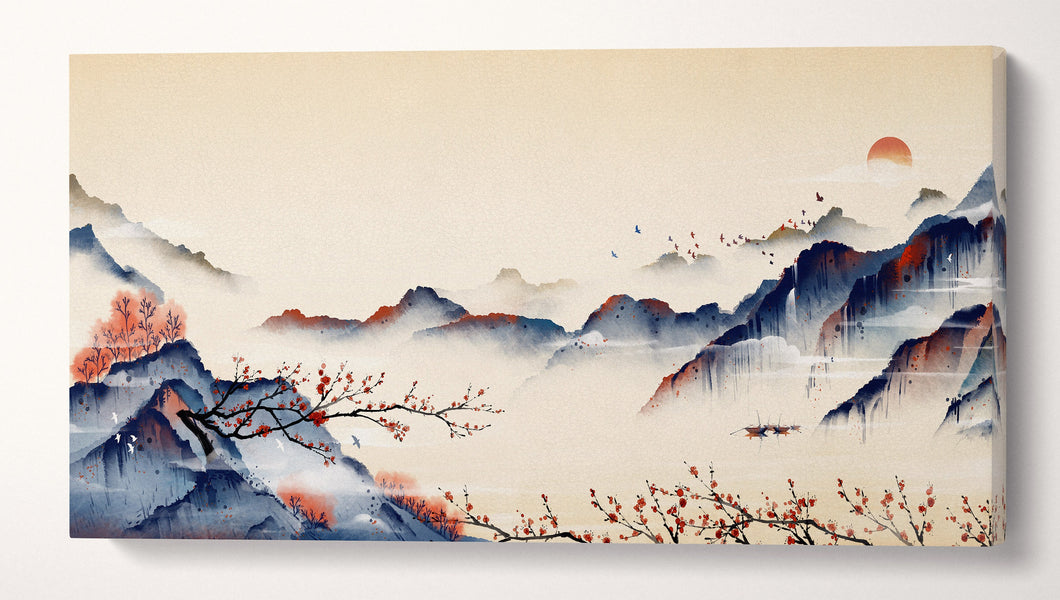 Japan Mountain Landscape at Dawn Illustration Wall Art Framed Canvas Print