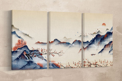 Japan Mountain Landscape at Dawn Illustration Wall Art Framed Canvas Print