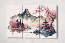 Laden Sie das Bild in den Galerie-Viewer, Minimalistic Japan Landscape in Pink Oriental Ink Wall Art Framed Canvas Print