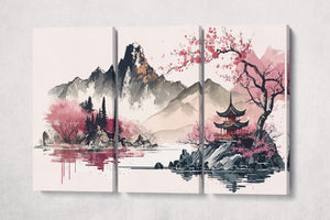 Minimalistic Japan Landscape in Pink Oriental Ink Wall Art Framed Canvas Print