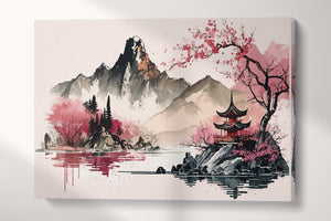 Minimalistic Japan Landscape in Pink Oriental Ink Wall Art Framed Canvas Print