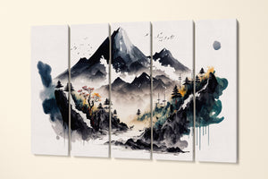 Japan Landscape ink canvas wall art decor print 5 panels