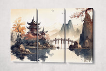 Carica l&#39;immagine nel visualizzatore di Gallery, Oriental lake pagoda mountains landscape ink canvas wall decor art
