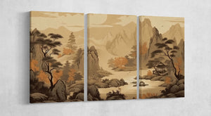 Old beige Chinese landscape canvas triptych wall decor