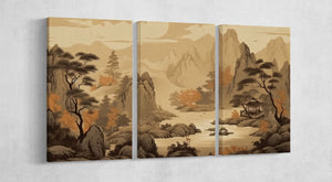 Old beige Chinese landscape canvas triptych wall decor