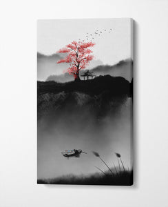 Oriental Art Cherry Blossom Sakura Black and White Canvas Wall Art Eco Leather Print, Made in Italy!