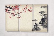 Load image into Gallery viewer, Sakura Mountain Sumi-e Style Landscape Wall Art Framed Canvas Eco Leather Print 3 Panels