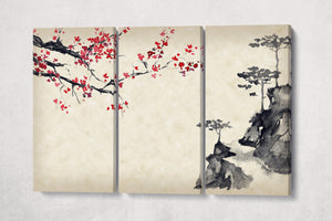 Sakura Mountain Sumi-e Style Landscape Wall Art Framed Canvas Eco Leather Print 3 Panels