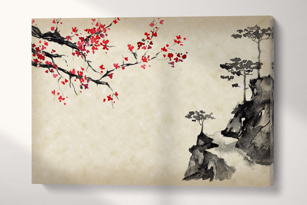 Sakura Mountain Sumi-e Style Landscape Wall Art Framed Canvas Eco Leather Print