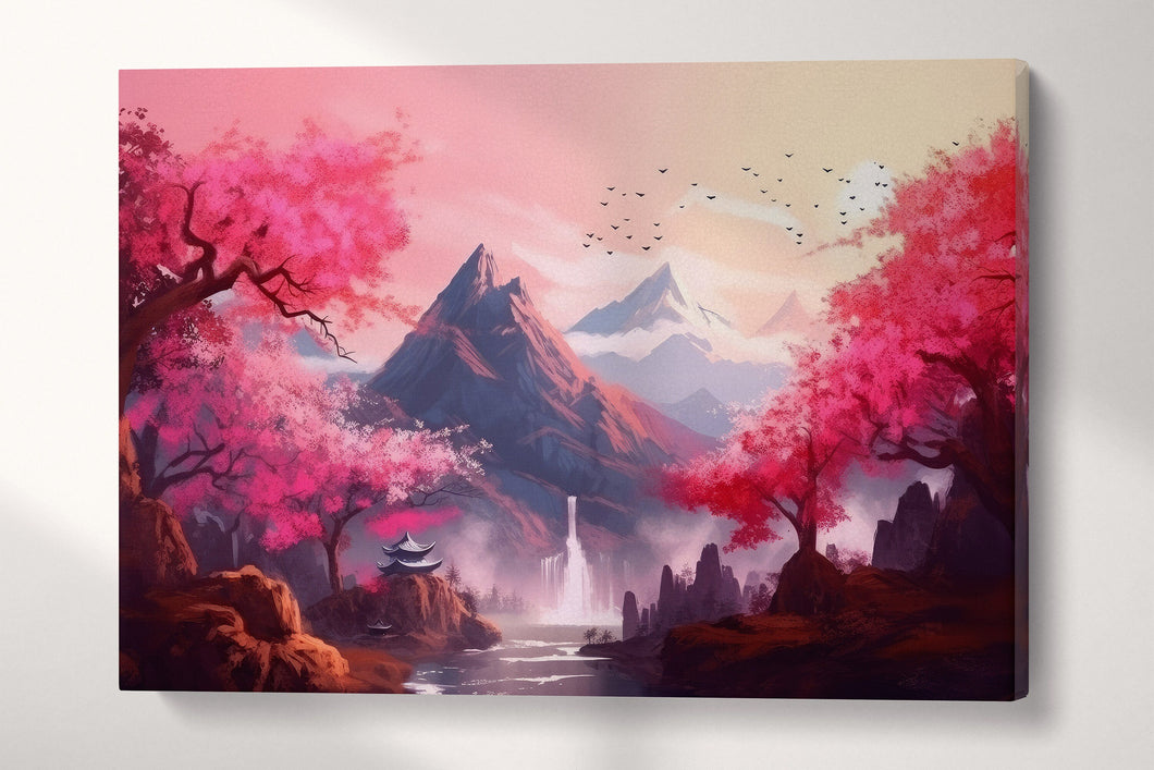 Oriental Sakura Landscape Pink Artwork Wall Art Framed Canvas Print