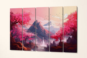 Oriental Sakura Landscape Pink Artwork Wall Art Framed Canvas Print 5 Panels