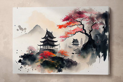 Japan mountain pagoda sakura wall art canvas print