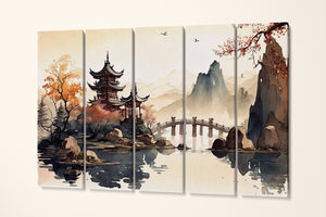 Oriental lake pagoda mountains landscape ink canvas home decor