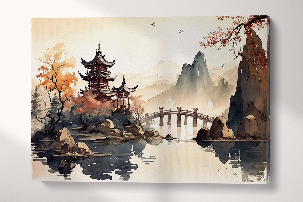 Oriental lake pagoda mountains landscape ink canvas wall art decor print