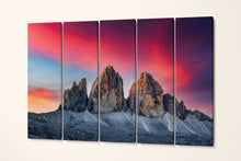 Load image into Gallery viewer, Three Peaks of Lavaredo sunset Dolomite Alps home art