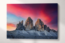Load image into Gallery viewer, Three Peaks of Lavaredo sunset Dolomite Alps wall art