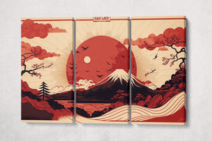 Japan Red Ukiyo-e Artwork Wall Art Framed Canvas Eco Leather Print 3 Panels