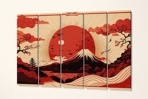Japan Red Ukiyo-e Artwork Wall Art Framed Canvas Eco Leather Print 5 Panels