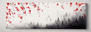Japanese Black Forest Red Sakura Landscape Wall Art Framed Eco Leather Canvas Print, Made in Italy!