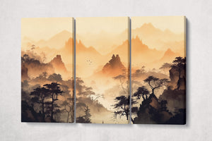 Oriental Sepia Mountains Artwork Wall Art Framed Canvas 3 Panels Print