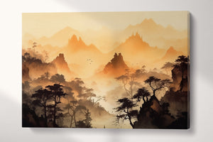 Oriental Sepia Mountains Artwork Wall Art Framed Canvas Print