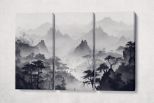 Load image into Gallery viewer, Oriental Black and White Mountains Artwork Wall Art Framed Canvas 3 Panels Print