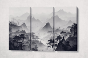 Oriental Black and White Mountains Artwork Wall Art Framed Canvas 3 Panels Print