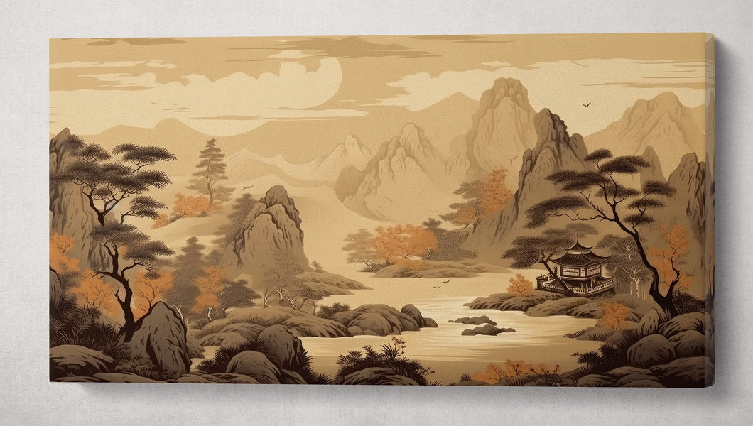 Old beige Chinese landscape canvas wall decor