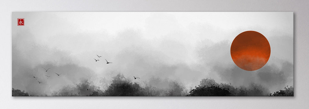 Japanese red sun landscape artwork black and white wall art canvas print